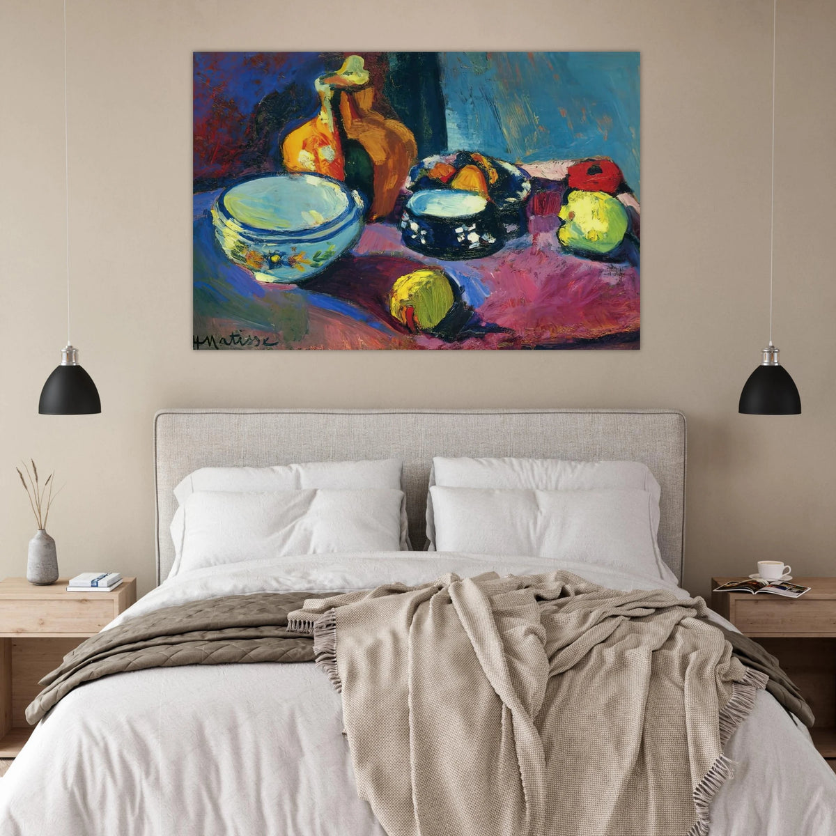 DISHES AND FRUIT ON A RED AND BLACK CARPET 1901 Poster | Henri Matisse Poster | Henri Matisse Print