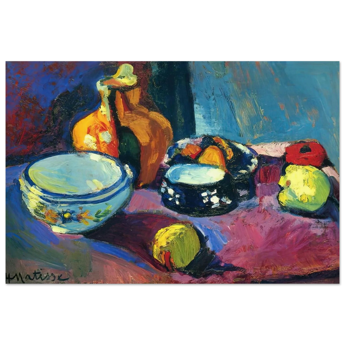 DISHES AND FRUIT ON A RED AND BLACK CARPET 1901 Poster | Henri Matisse Poster | Henri Matisse Print