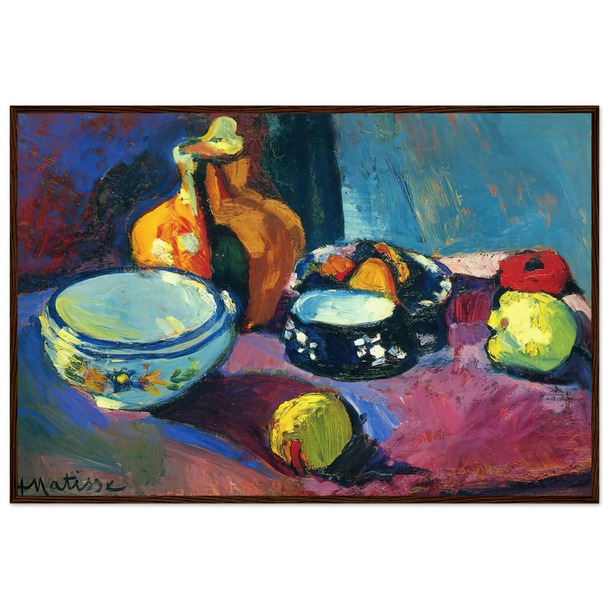 DISHES AND FRUIT ON A RED AND BLACK CARPET 1901 Framed Poster | Henri Matisse Framed Prints Wall Art | Henri Matisse Print