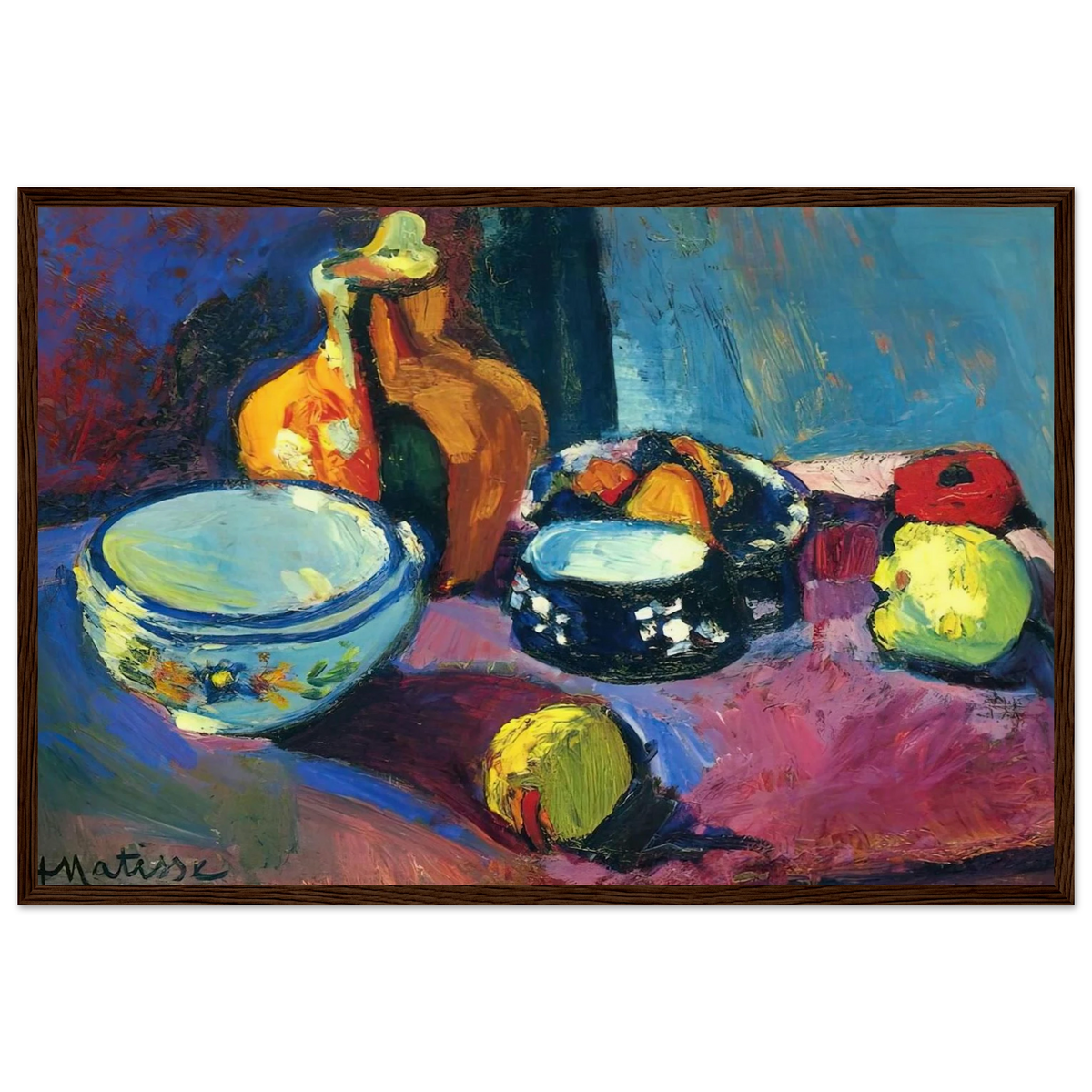 DISHES AND FRUIT ON A RED AND BLACK CARPET 1901 Framed Poster | Henri Matisse Framed Prints Wall Art | Henri Matisse Print