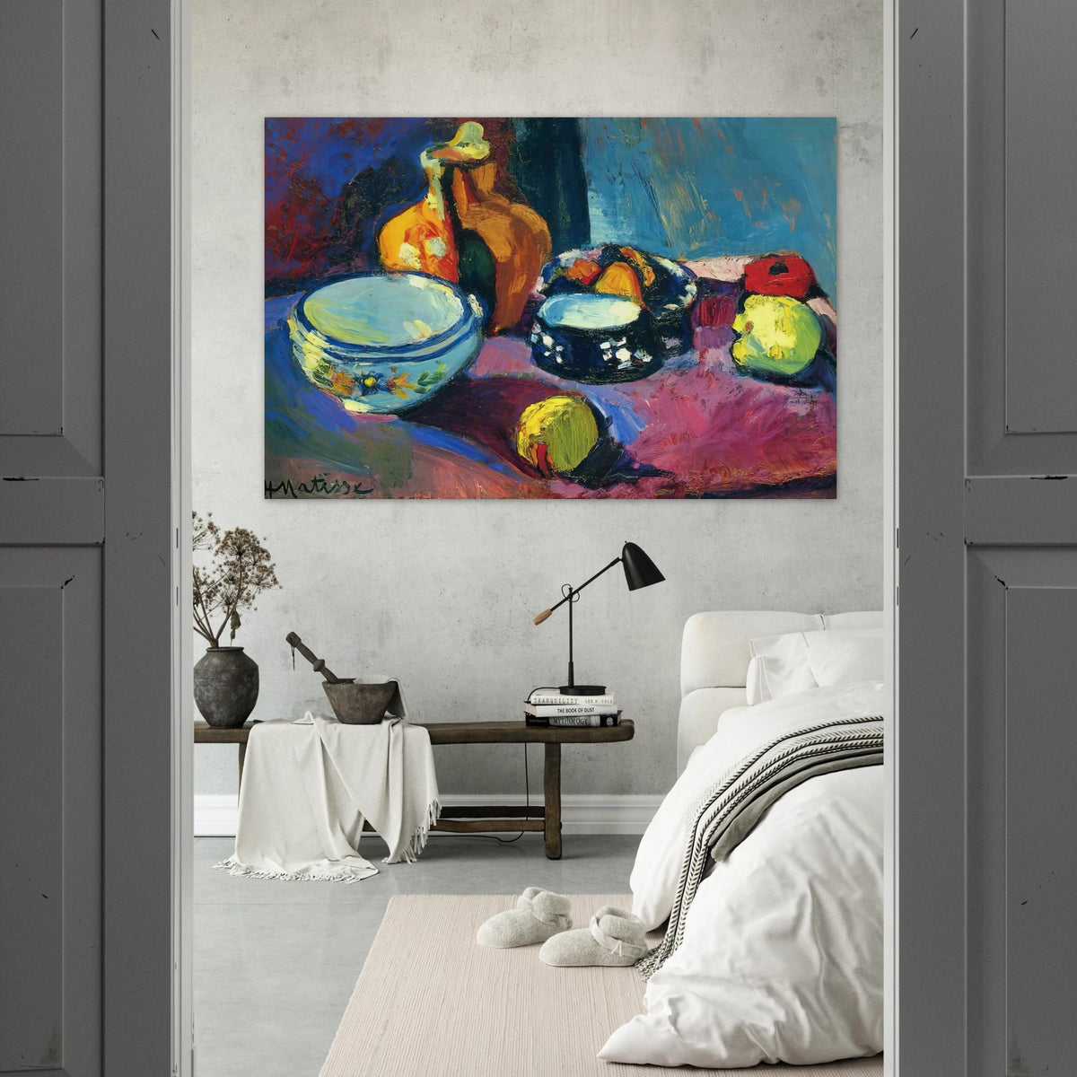 DISHES AND FRUIT ON A RED AND BLACK CARPET 1901 Poster | Henri Matisse Poster | Henri Matisse Print