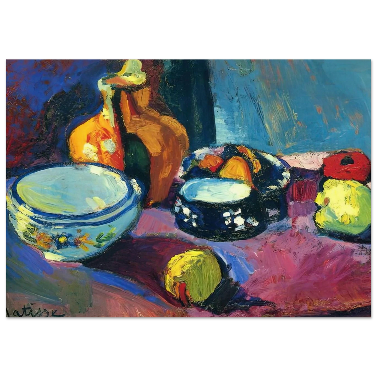 DISHES AND FRUIT ON A RED AND BLACK CARPET 1901 Poster | Henri Matisse Poster | Henri Matisse Print