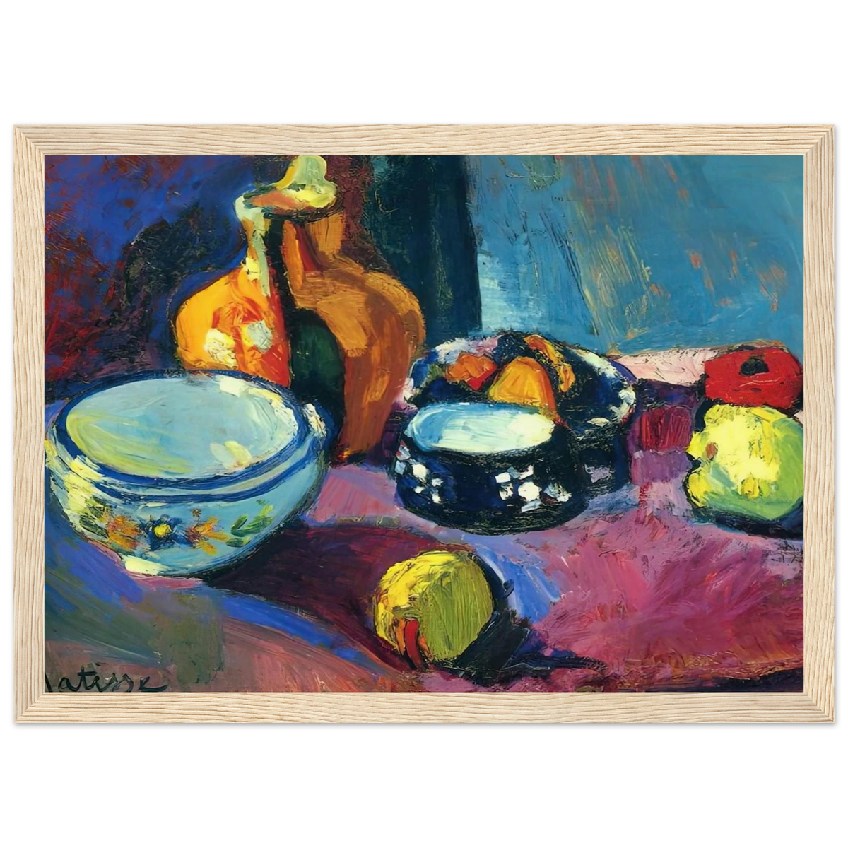 DISHES AND FRUIT ON A RED AND BLACK CARPET 1901 Framed Poster | Henri Matisse Framed Prints Wall Art | Henri Matisse Print