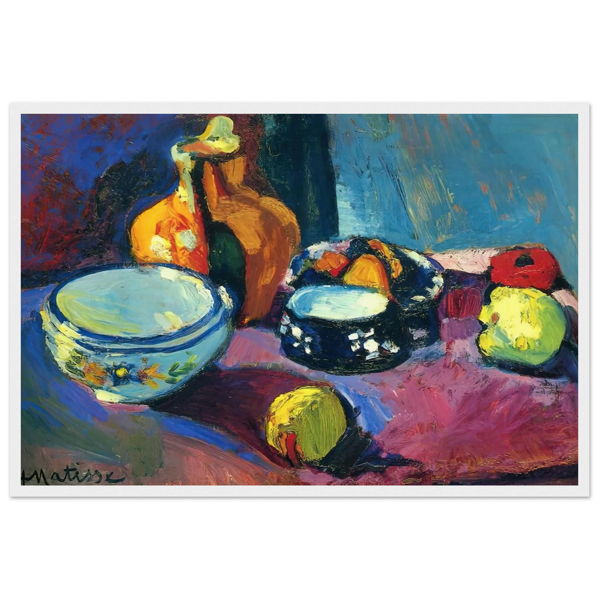 DISHES AND FRUIT ON A RED AND BLACK CARPET 1901 Framed Poster | Henri Matisse Framed Prints Wall Art | Henri Matisse Print