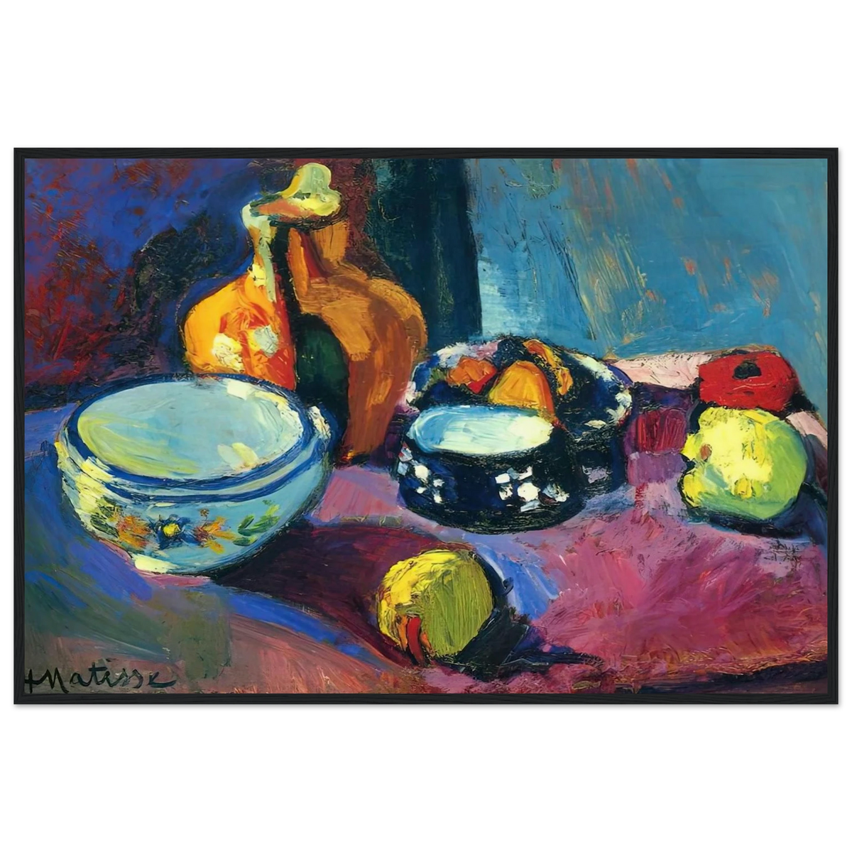 DISHES AND FRUIT ON A RED AND BLACK CARPET 1901 Framed Poster | Henri Matisse Framed Prints Wall Art | Henri Matisse Print