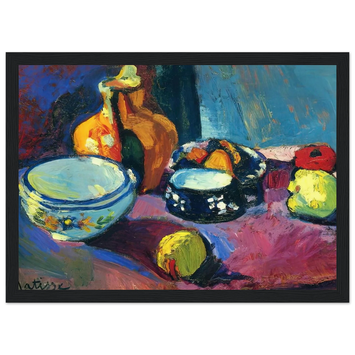 DISHES AND FRUIT ON A RED AND BLACK CARPET 1901 Framed Poster | Henri Matisse Framed Prints Wall Art | Henri Matisse Print