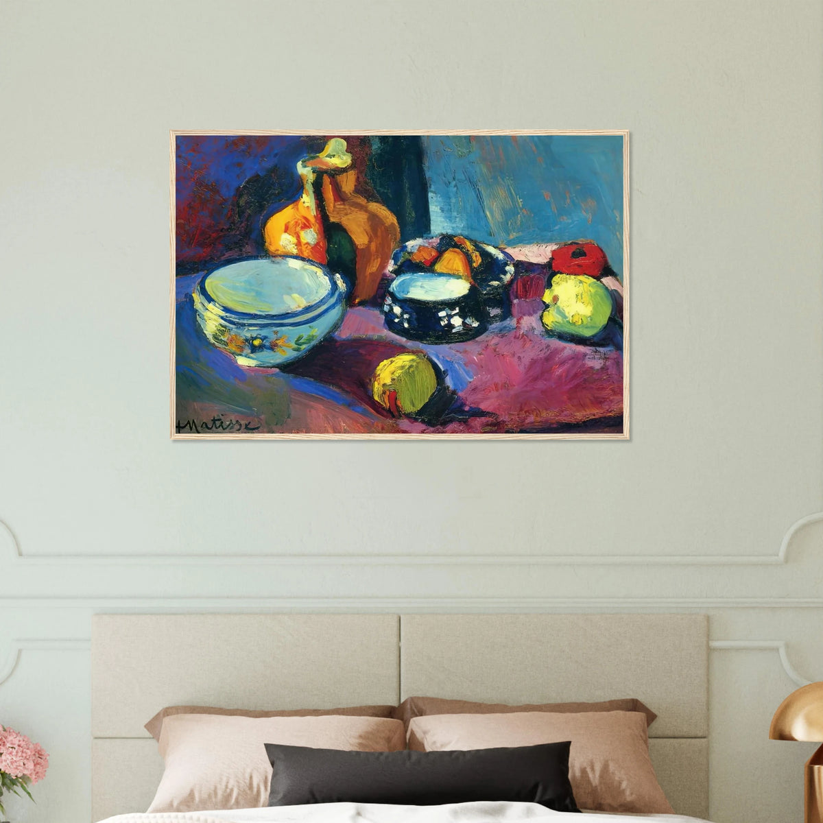DISHES AND FRUIT ON A RED AND BLACK CARPET 1901 Framed Poster | Henri Matisse Framed Prints Wall Art | Henri Matisse Print