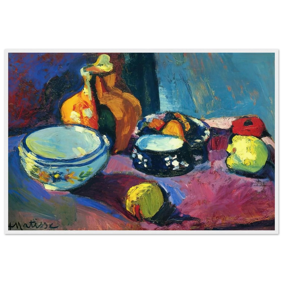 DISHES AND FRUIT ON A RED AND BLACK CARPET 1901 Framed Poster | Henri Matisse Framed Prints Wall Art | Henri Matisse Print