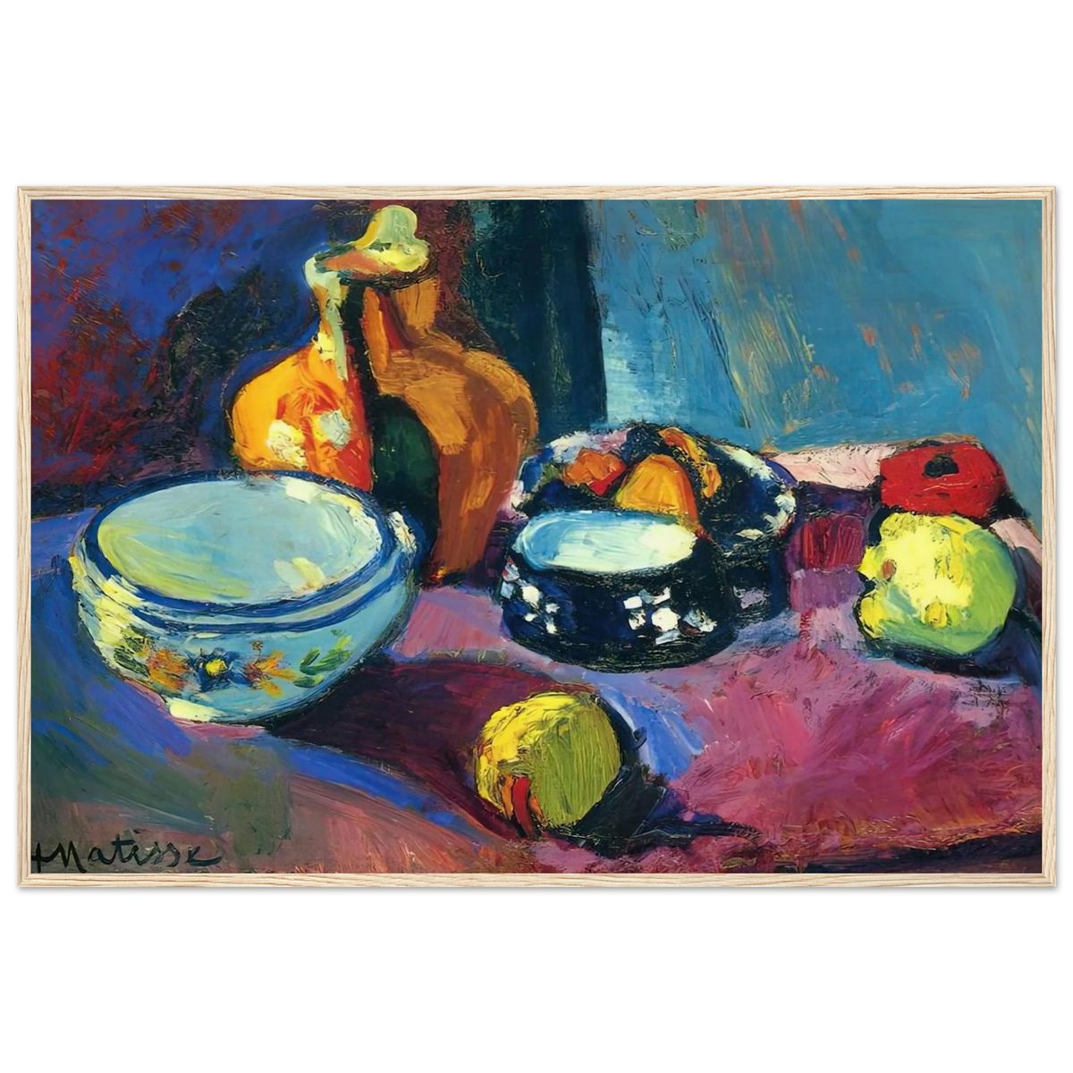 DISHES AND FRUIT ON A RED AND BLACK CARPET 1901 Framed Poster | Henri Matisse Framed Prints Wall Art | Henri Matisse Print