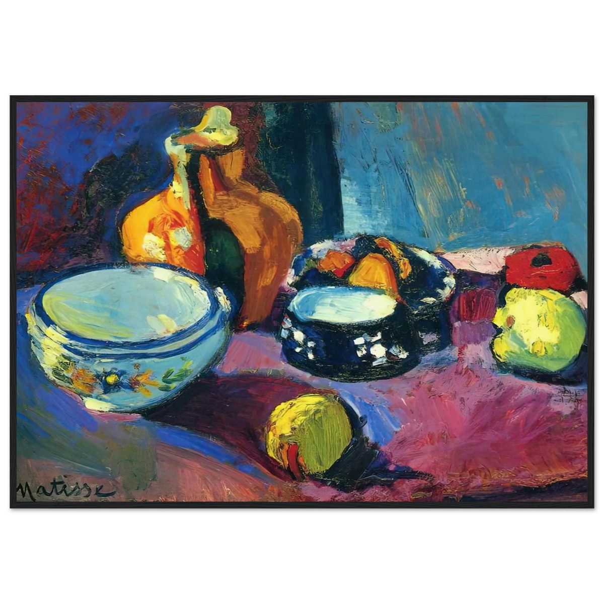 DISHES AND FRUIT ON A RED AND BLACK CARPET 1901 Framed Poster | Henri Matisse Framed Prints Wall Art | Henri Matisse Print