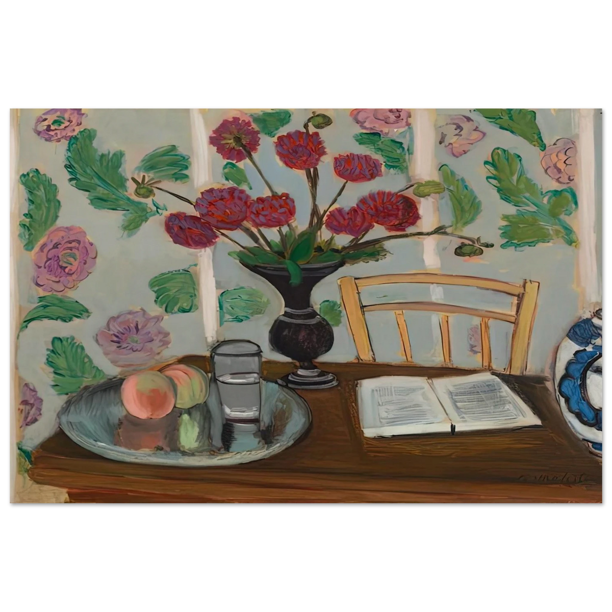 STILL LIFE BOUQUET OF DAHLIAS AND WHITE BOOK 1923 Poster | Henri Matisse Poster | Henri Matisse Print