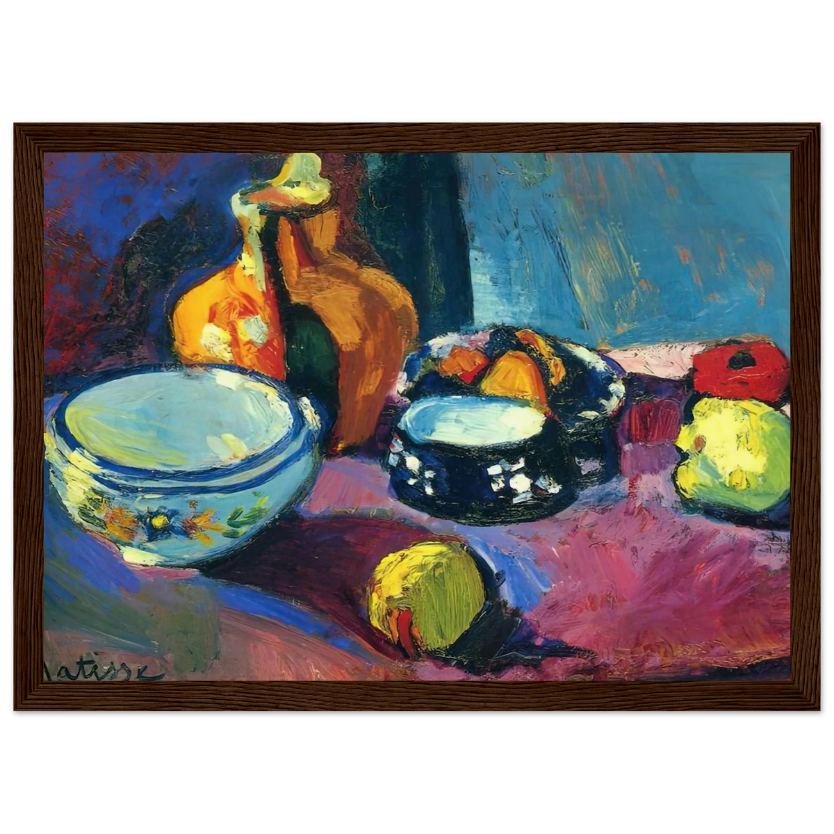 DISHES AND FRUIT ON A RED AND BLACK CARPET 1901 Framed Poster | Henri Matisse Framed Prints Wall Art | Henri Matisse Print