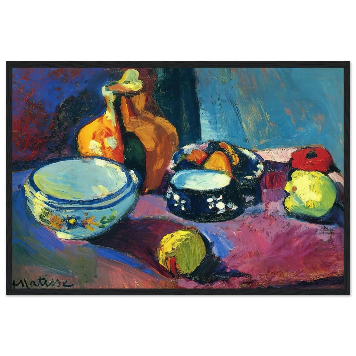 DISHES AND FRUIT ON A RED AND BLACK CARPET 1901 Framed Poster | Henri Matisse Framed Prints Wall Art | Henri Matisse Print