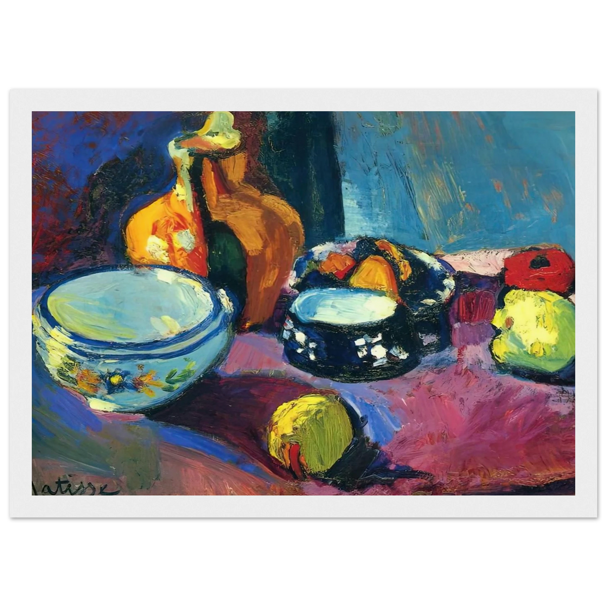 DISHES AND FRUIT ON A RED AND BLACK CARPET 1901 Framed Poster | Henri Matisse Framed Prints Wall Art | Henri Matisse Print