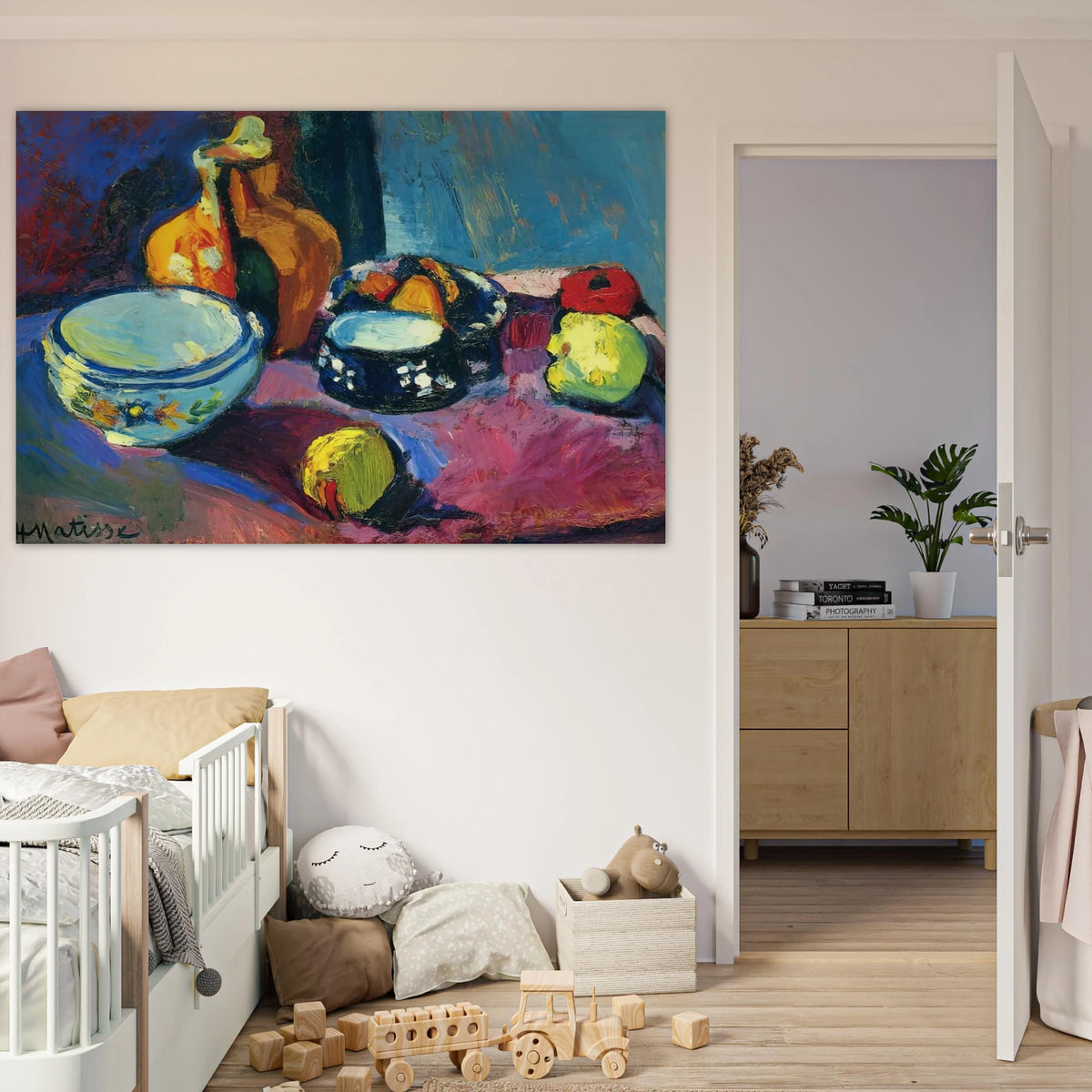 DISHES AND FRUIT ON A RED AND BLACK CARPET 1901 Poster | Henri Matisse Poster | Henri Matisse Print
